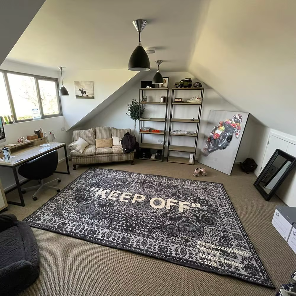 Tapis Paisley inspiré de Virgil Abloh « KEEP OFF » à motif noir et blanc