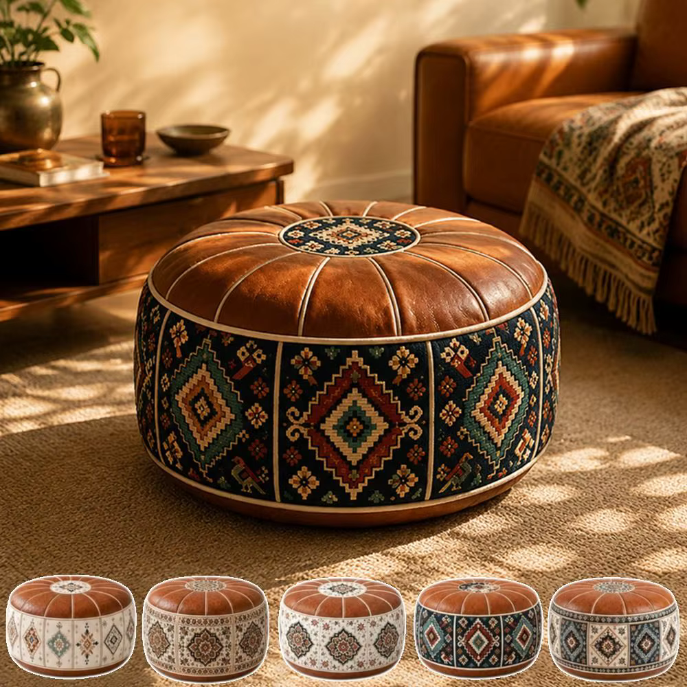 Pouf ottoman à motif bohème, design remplissable, grande ouverture, ottoman de rangement, cuir PU résistant à l'eau, coussin de sol