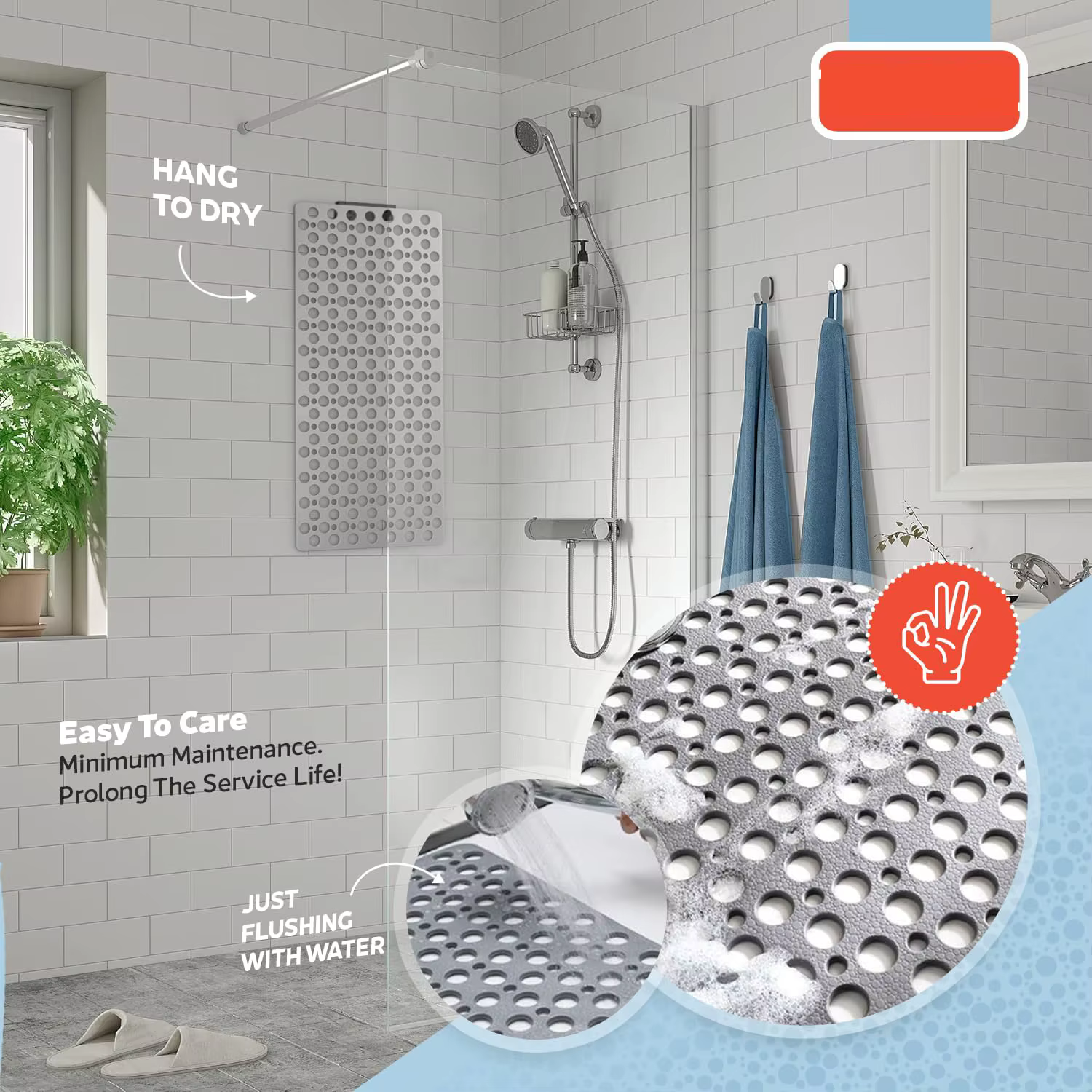 Tapis de bain et de douche antidérapant avec ventouses et trous de drainage