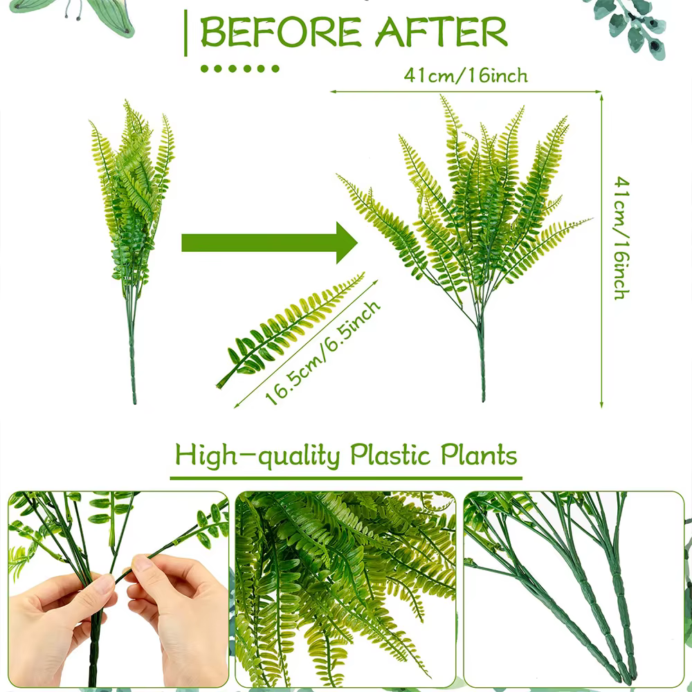 Lot de 4 à 20 plantes artificielles, fausses fougères de Boston, arbustes artificiels, verdure résistante aux UV pour la décoration de la maison, du jardin et de l'extérieur