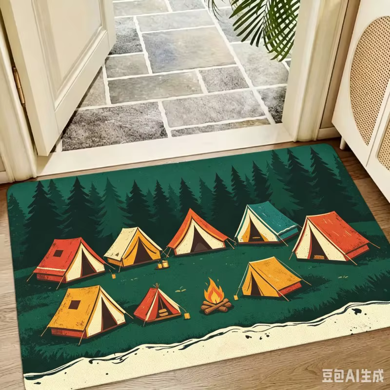 Tapis de bienvenue tropical d'été avec planche de surf et palmiers colorés