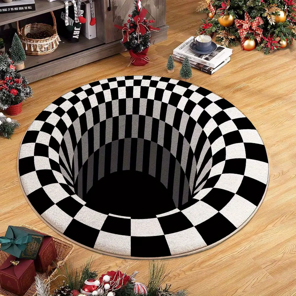 Tapis rond à motif damier 3D noir et blanc