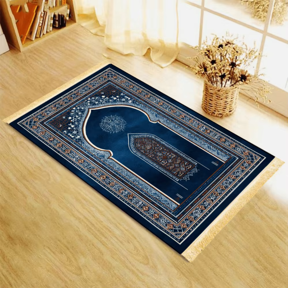 Tapis de prière islamique géométrique bleu marine en polyester