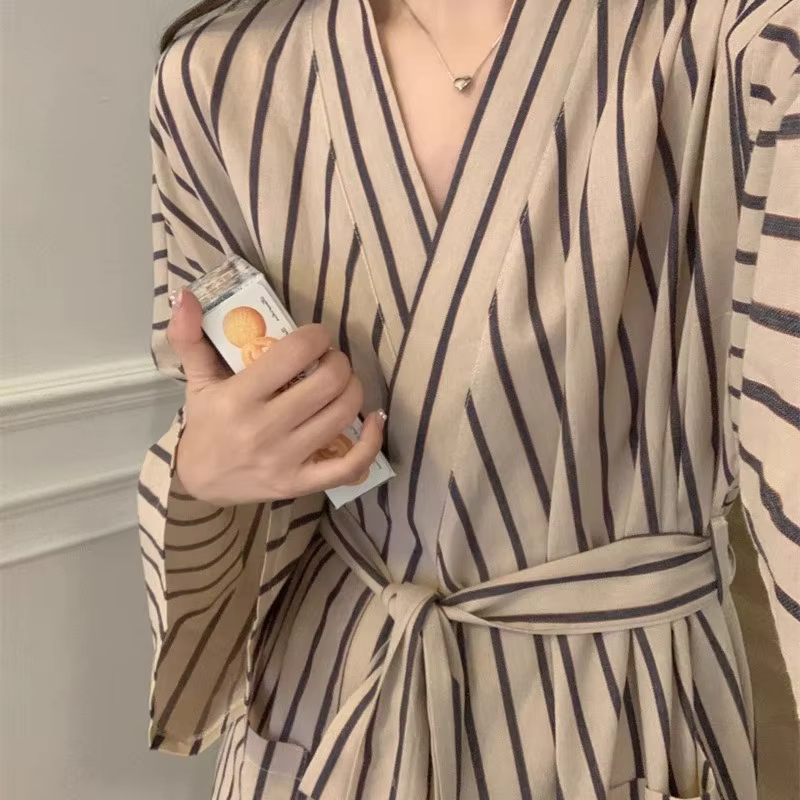 Peignoir pour femme : Robe kimono rayée à manches longues toutes saisons – Pyjama et vêtements de détente amples, décontractés, de style rétro