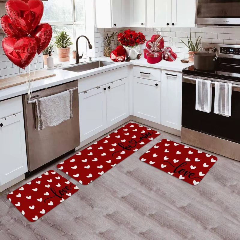 Ensemble de tapis de cuisine pour la Saint-Valentin, tapis de couloir de cuisine, avec petits cœurs et motif d'amour.