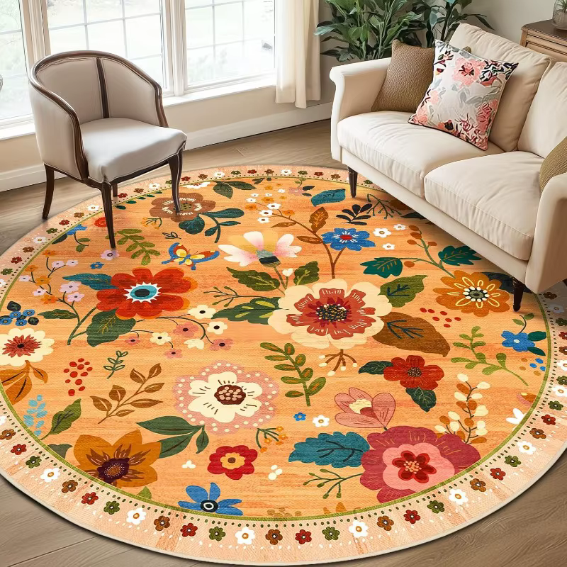 Tapis rond noir à fleurs bohèmes