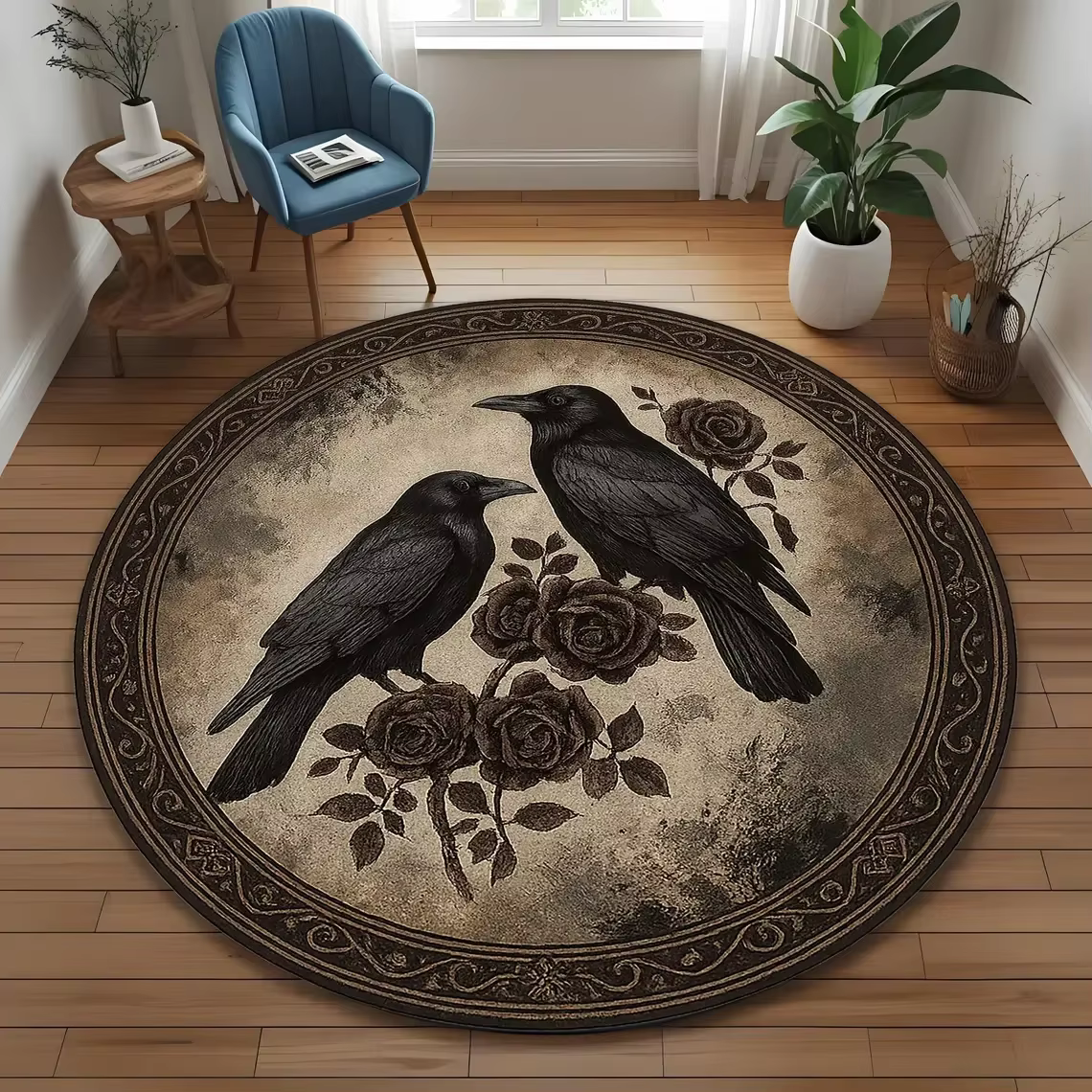 Tapis rond vintage avec motifs de corbeaux et de roses