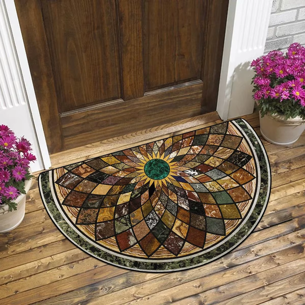 Tapis demi-lune à motif floral en mosaïque