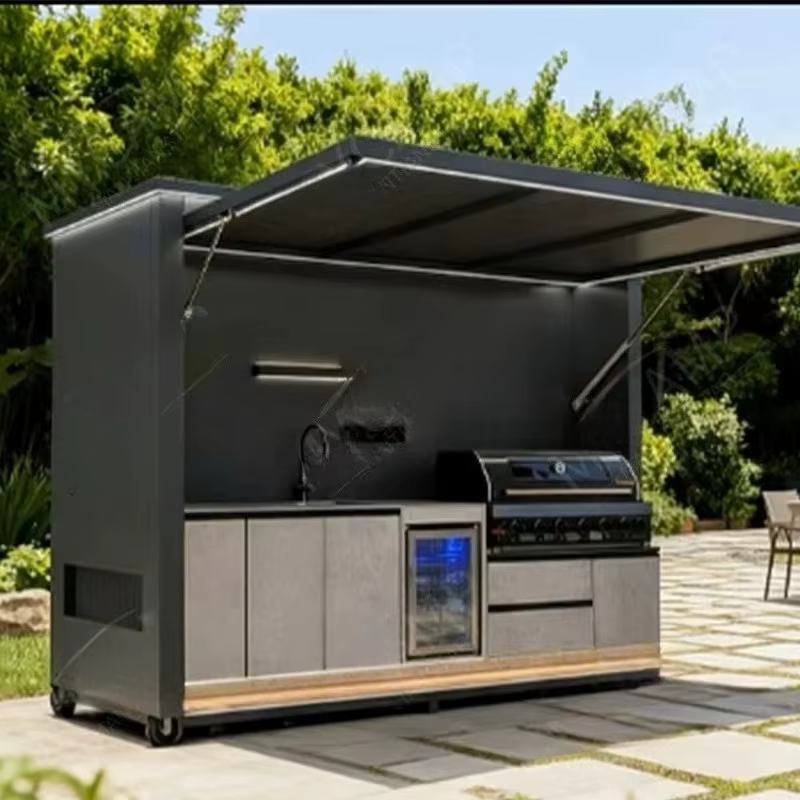 Cuisine extérieure modulaire personnalisée pour villa, meubles de cuisine pour maison d'hôtes, îlot barbecue extérieur, îlot barbecue de jardin