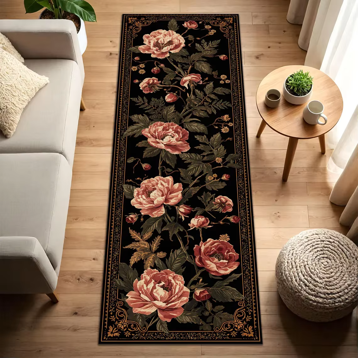 Tapis de Couloir Oriental Sérénité Bleu Marine avec Poissons Koi Dorés et Lotus Roses – Décoration Zen Apaisante pour Salle de Méditation ou Maison de Thé