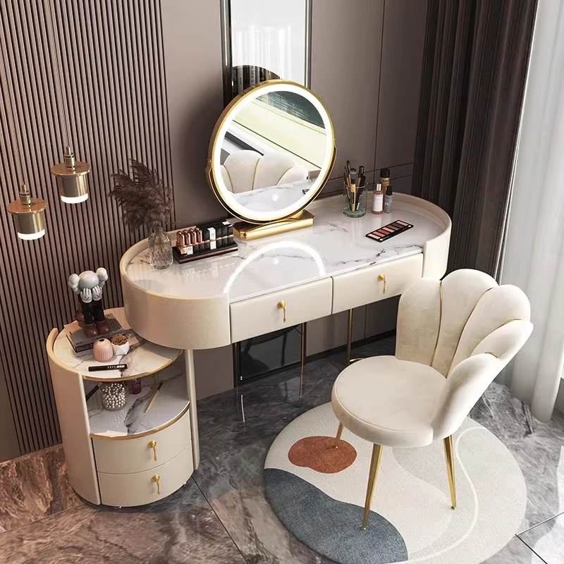 Grande coiffeuse d'angle moderne avec rangement, tiroirs de maquillage, console de luxe pour bijoux, mobilier de chambre à coucher