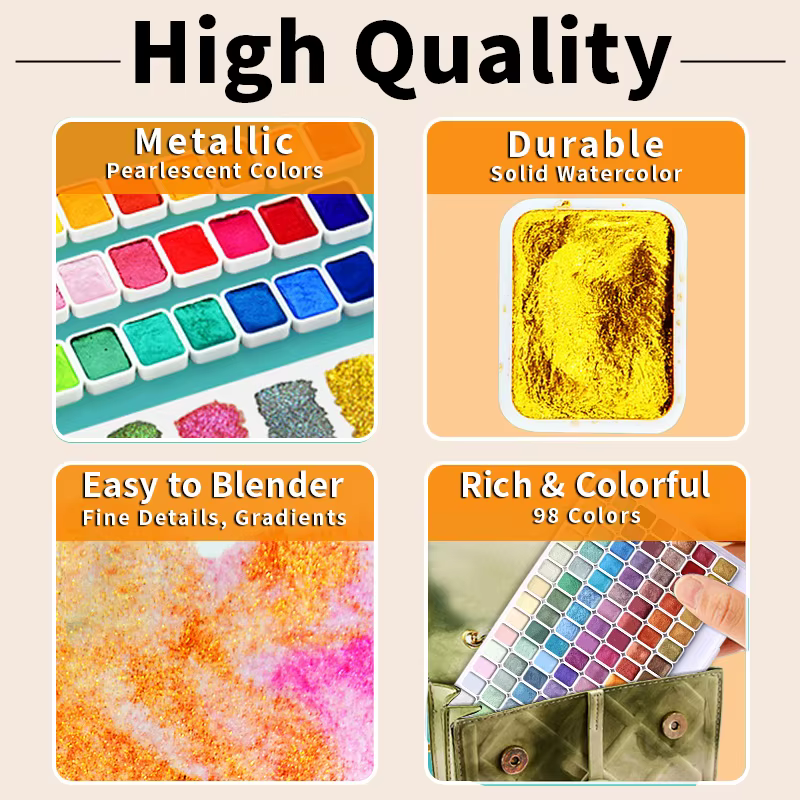 Ensemble de peinture aquarelle scintillante métallique de 98 couleurs, Pigments de perles pour artistes, amateurs pour l'illustration, le Scrapbooking, la décoration