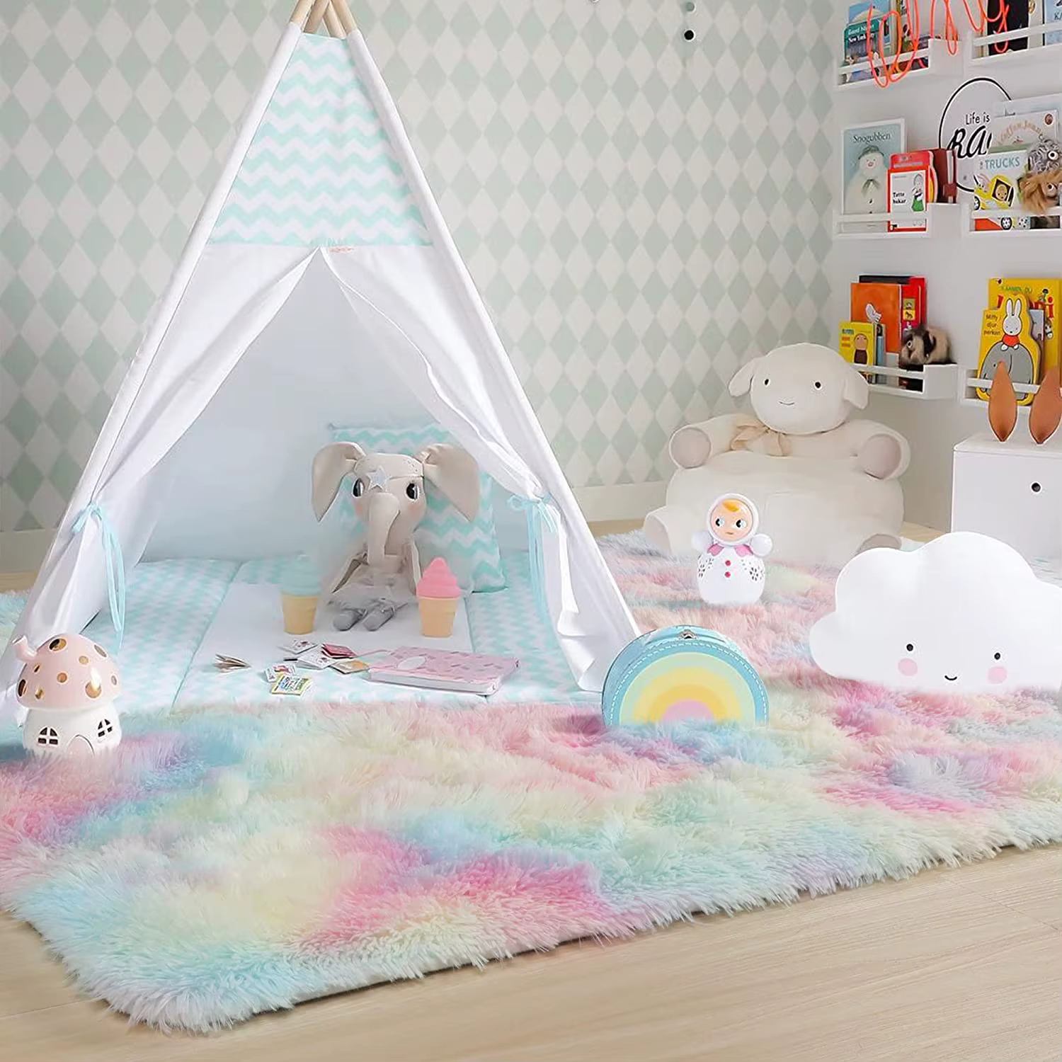 Tapis arc-en-ciel poilu pour chambre d'enfants