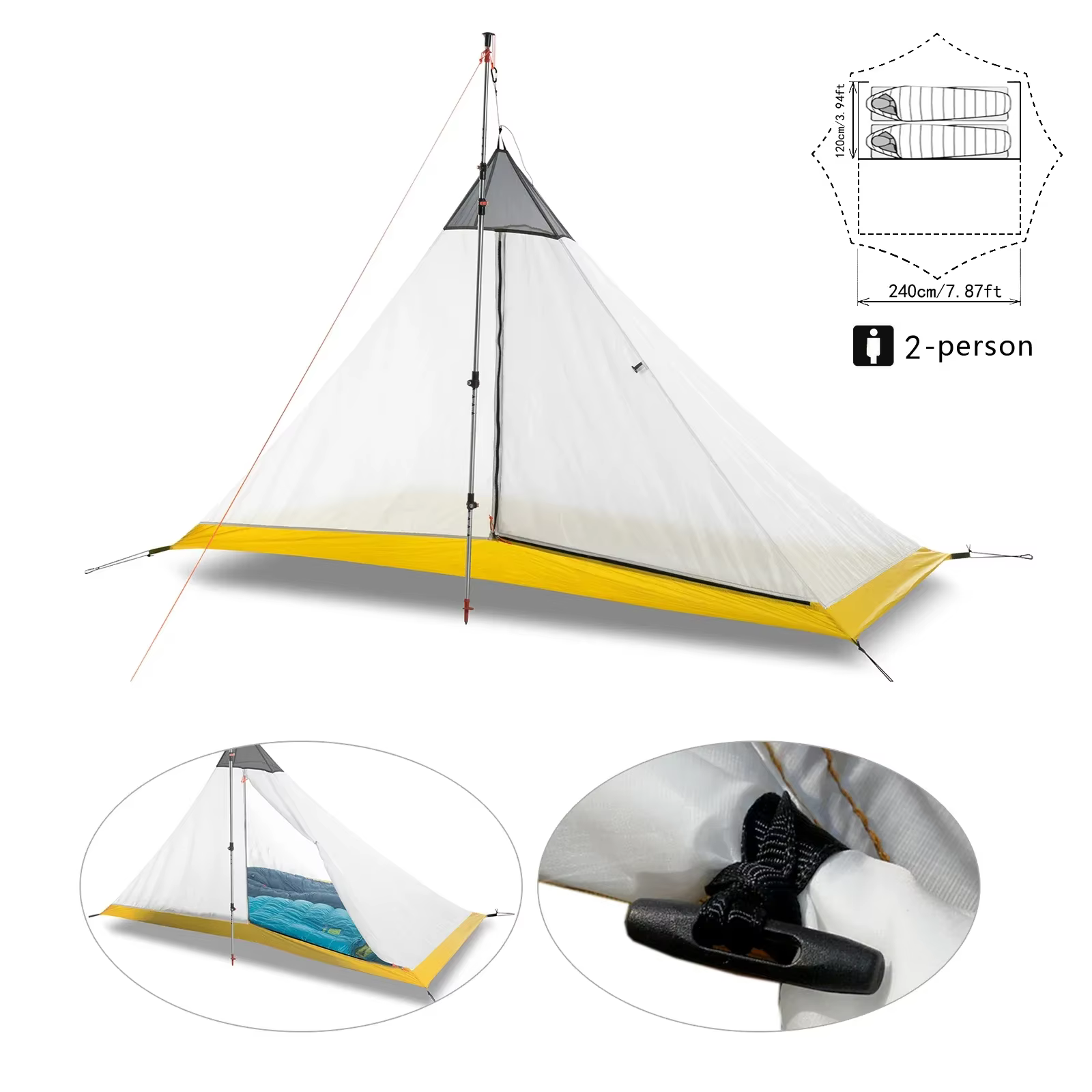 Tente de Camping ultralégère pour 2 à 4 personnes, en Nylon 40D, revêtement en Silicone, pyramide sans tige, grande tente intérieure respirante pour 3 à 4 saisons