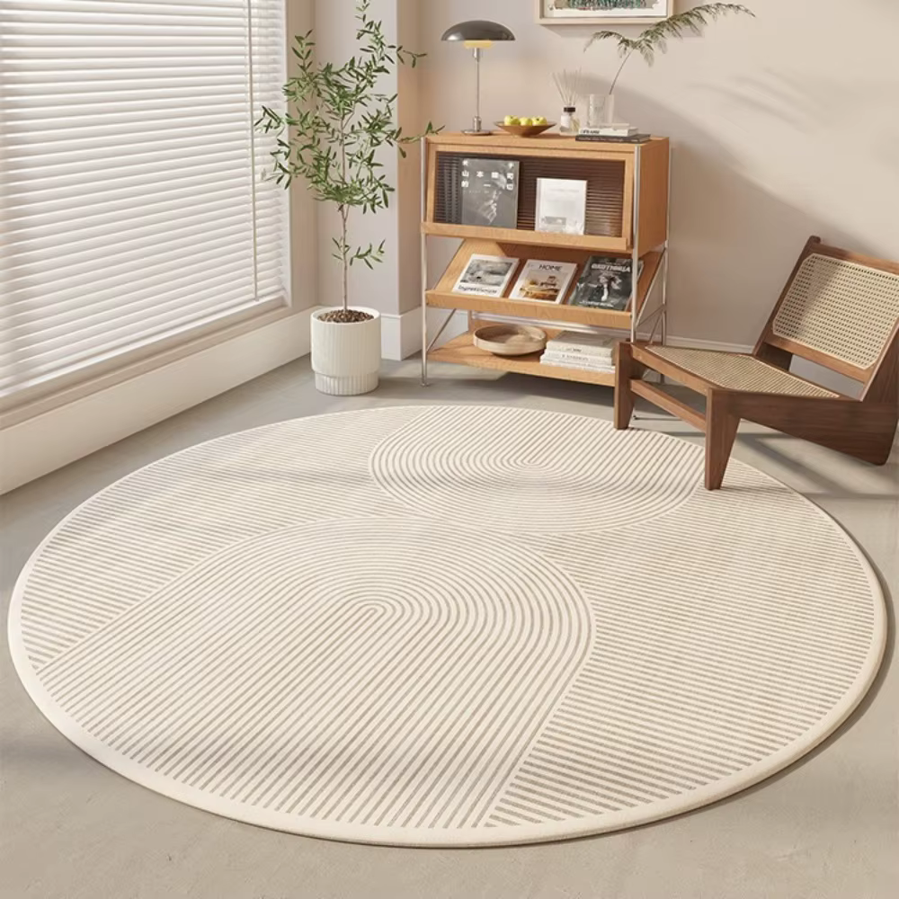 Tapis rond moderne crème avec motif de lignes noires abstraites