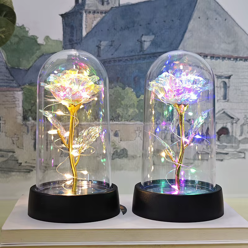 Fleur artificielle en verre avec lumière LED pour femme, la belle et la bête, la galAct et la rose, cadeaux d'anniversaire pour filles, aide les ordures