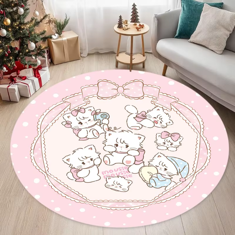 Tapis rond à pois roses avec motif de chat de dessin animé