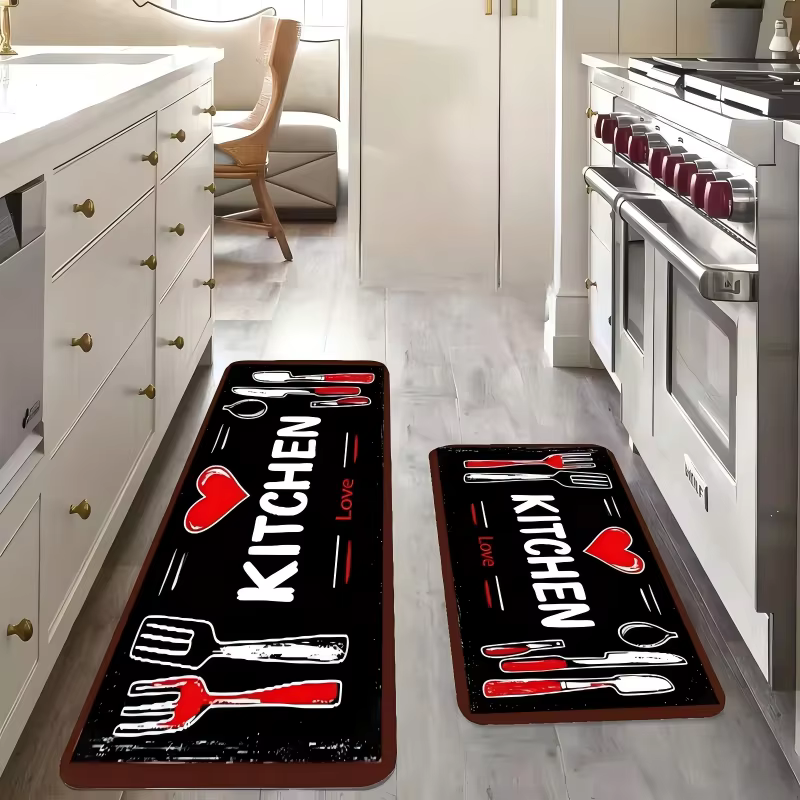 Tapis de cuisine Love avec fourchette cuillère coeur rouge, antidérapant, doux, facile à nettoyer, adapté pour salle de bain, cuisine, chambre à coucher, salon, porche