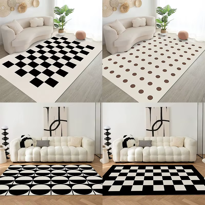 Tapis moelleux en damier noir et blanc