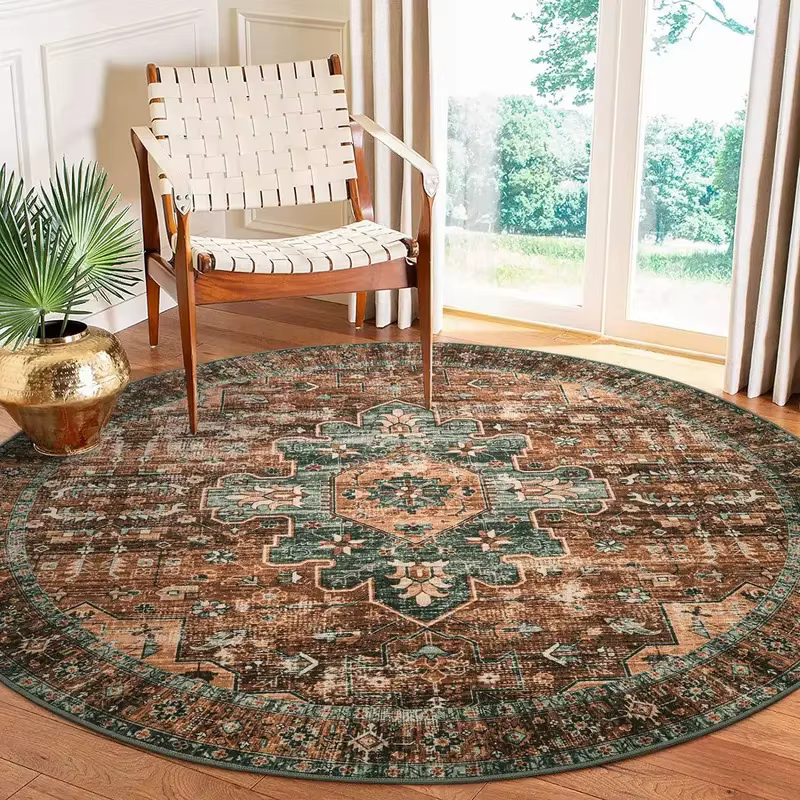 VIKAMA Tapis rond bohème vintage antidérapant et résistant à l'usure pour la décoration de la maison
