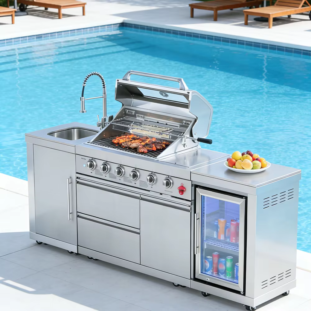 Kit de cuisine extérieure compact FOODLINE avec évier et armoire réfrigérateur pour terrasse et patio