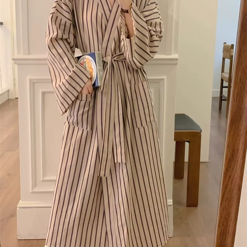 Peignoir pour femme : Robe kimono rayée à manches longues toutes saisons – Pyjama et vêtements de détente amples, décontractés, de style rétro
