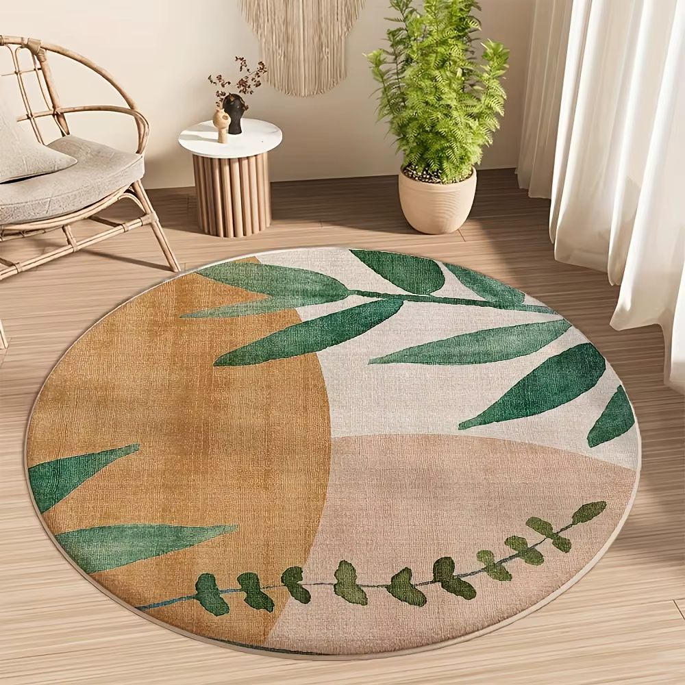 Tapis rond à motif de feuilles beiges – Tapis en peluche douce