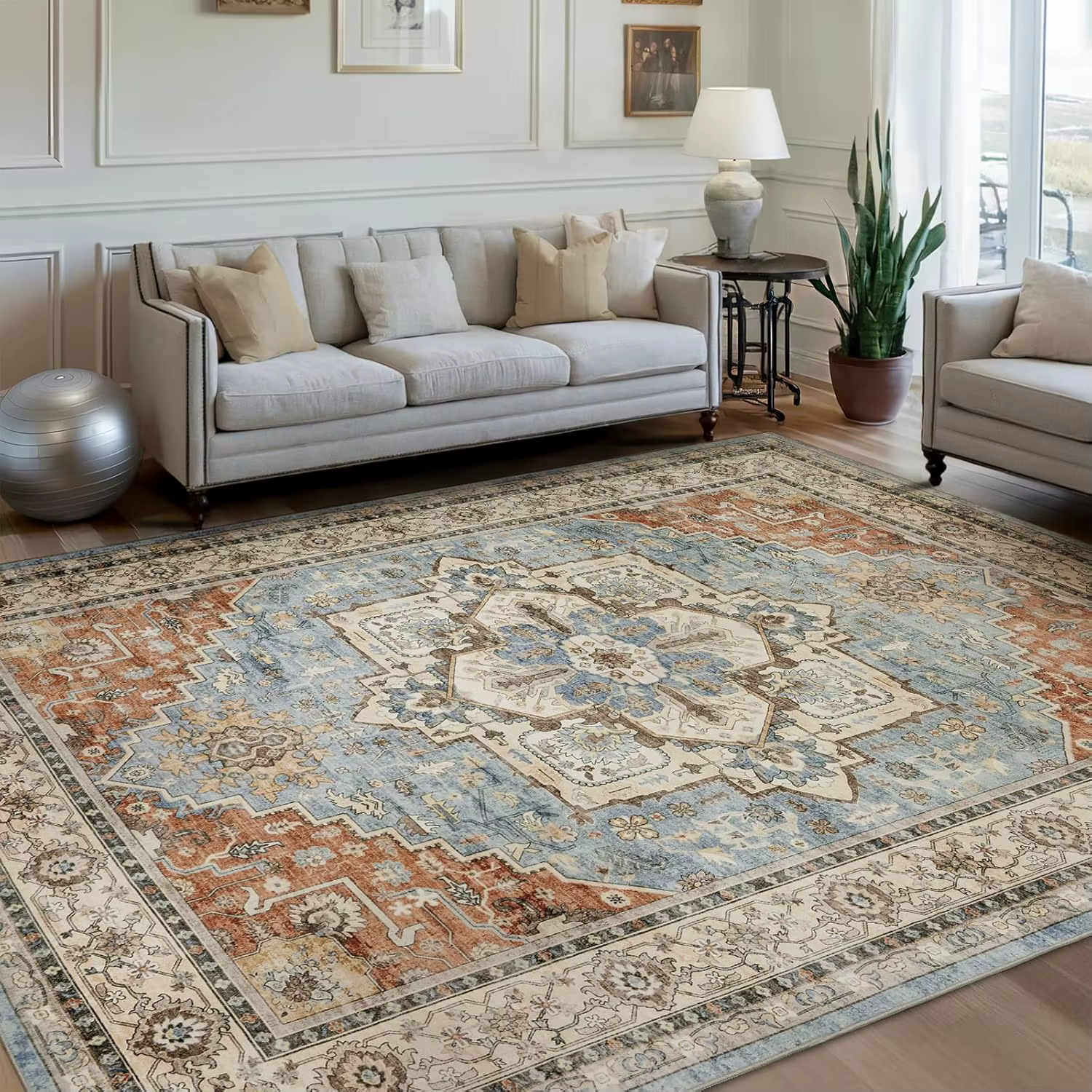 Tapis de sol à motif persan traditionnel, décoration élégante de Style classique, tapis de sol à fleurs géométriques bleues et blanches pour salon
