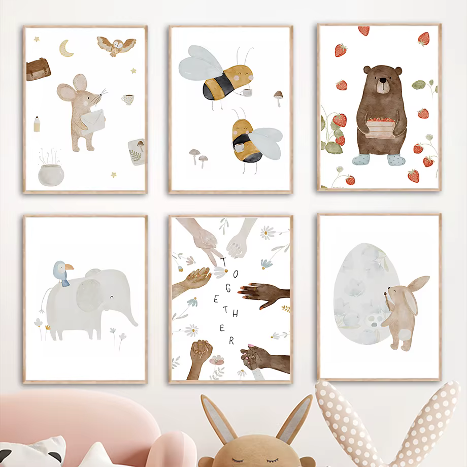 Boho animaux ami éléphant lapin ours cerf abeille affiches et impression pépinière mur Art toile peinture bébé enfants chambre décor à la maison