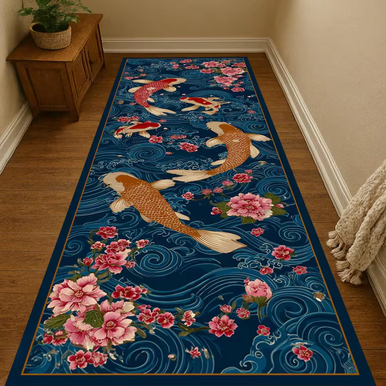 Tapis de sol à motif de poisson Koi oriental