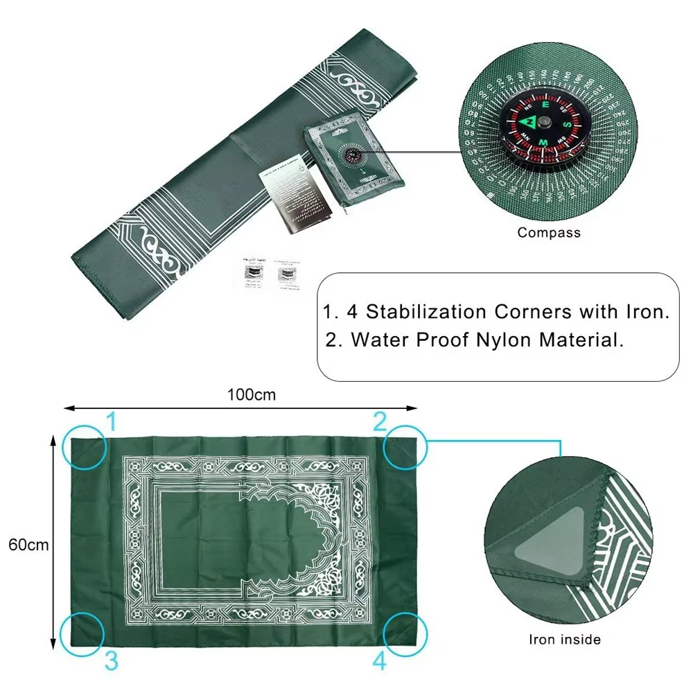 Tapis de prière de poche de prière Portable, cadeau islamique musulman, imperméable, avec boussole, couverture de prière de voyage, 100x60cm