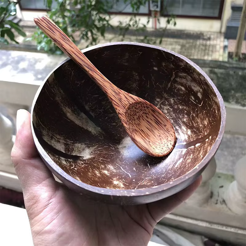【Peace】Bol en noix de coco naturel, fait à la main, en bois, pour manger, vaisselle, fourchette, cuillère pour dessert, salade de fruits, mélange de riz