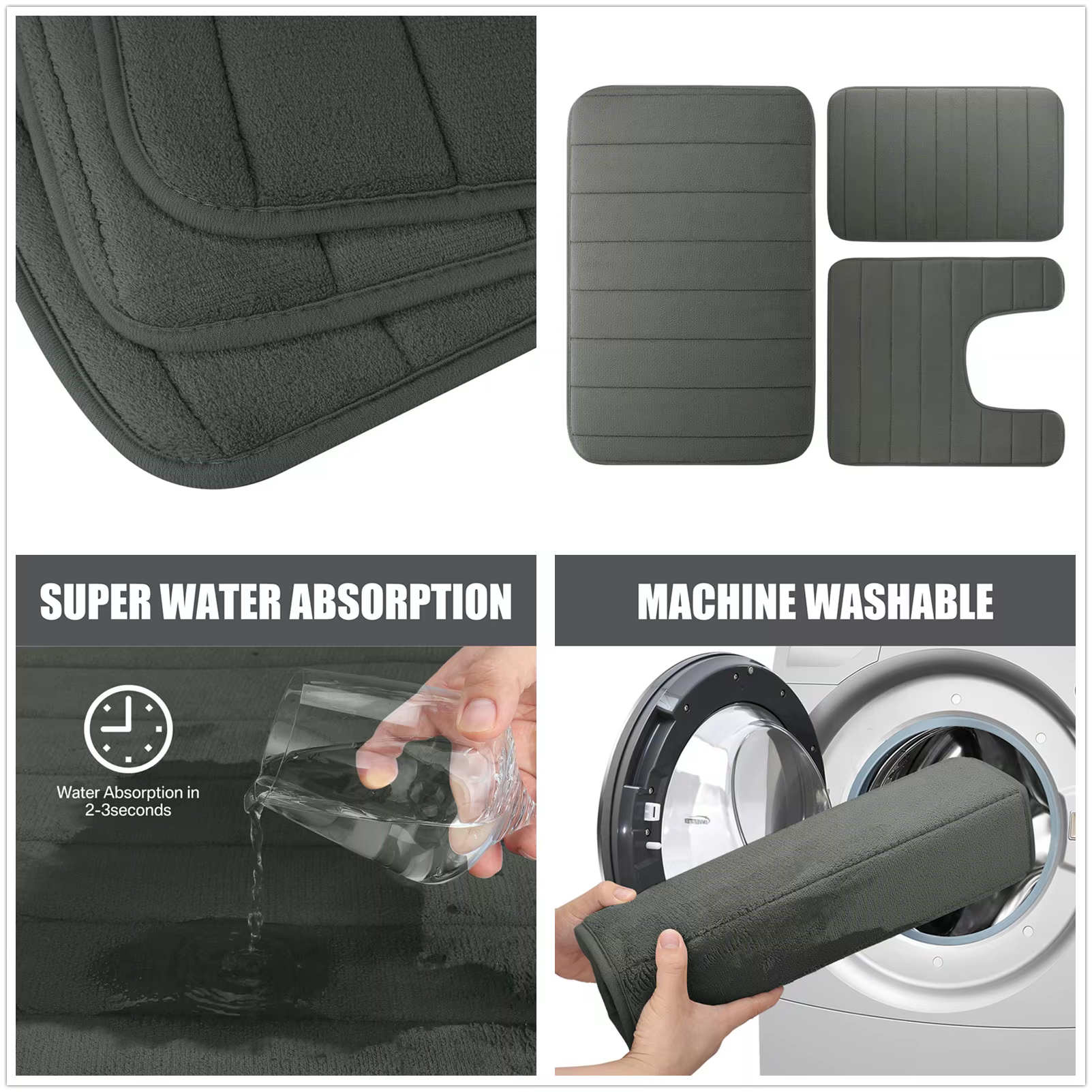 Tapis de bain en mousse à mémoire de forme, ensemble de 1/2/3 pièces, antidérapant, pour salle de bain, Absorption rapide de l'eau, lavable en Machine, doux et confortable