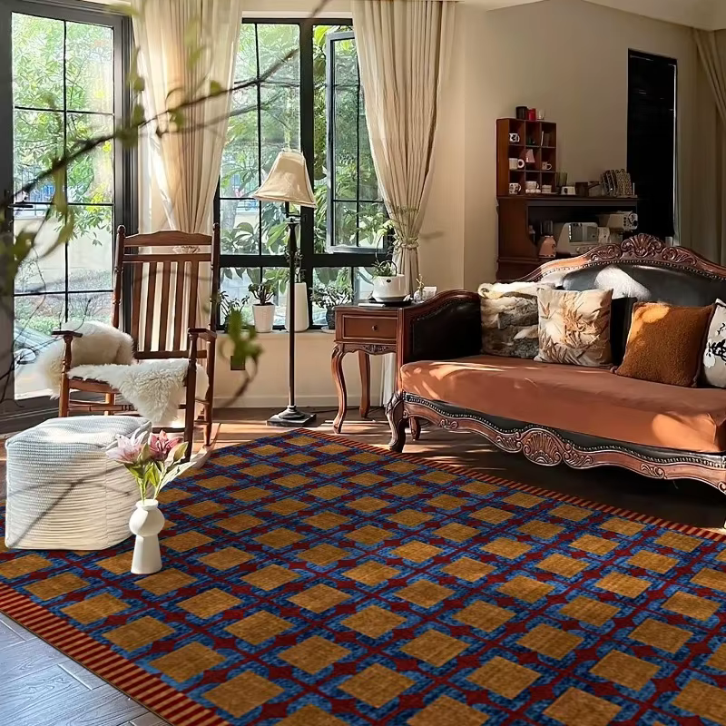 Tapis de salon vintage marron à carreaux imprimés