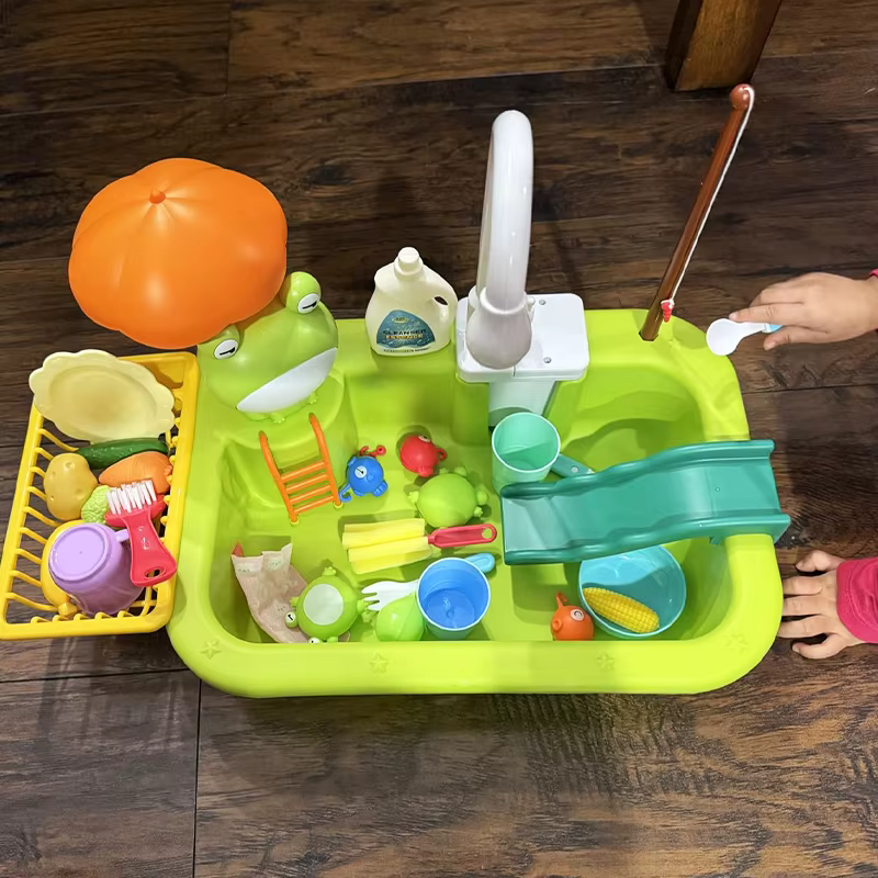 Évier de cuisine de jeu avec eau courante et robinet électrique, jouets flottants pour piscine, jeu de pêche, jeu d'imitation pour enfants - Ensemble lave-vaisselle