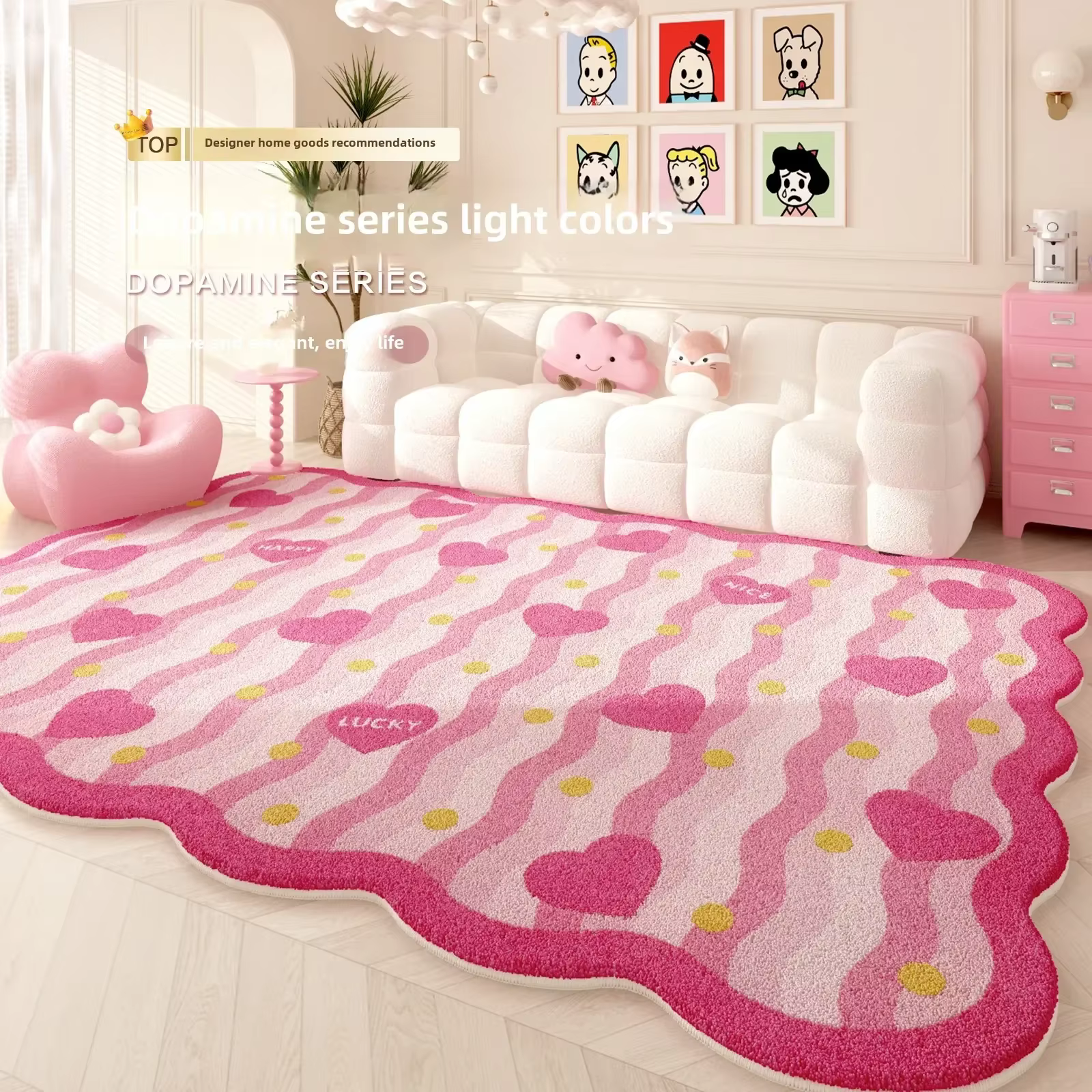 Dopamine-Tapis en peluche rose de forme irrégulière