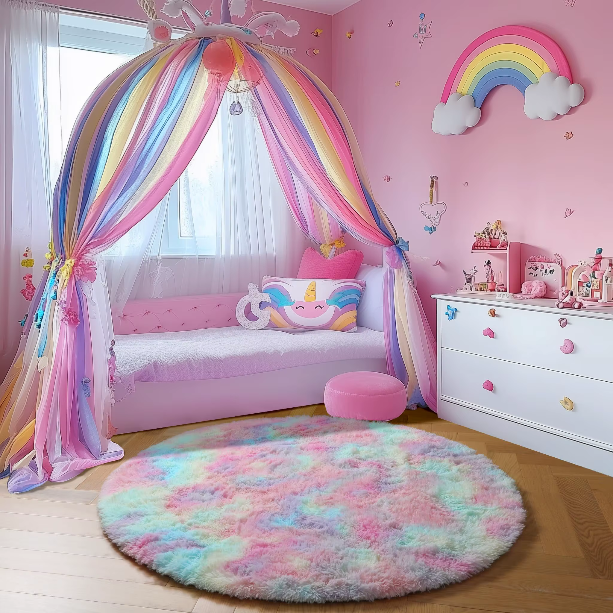 Vikama arc-en-ciel moelleux tapis rond pour filles chambre décor à la maison coloré Pastel Shag cercle doux mignon flou