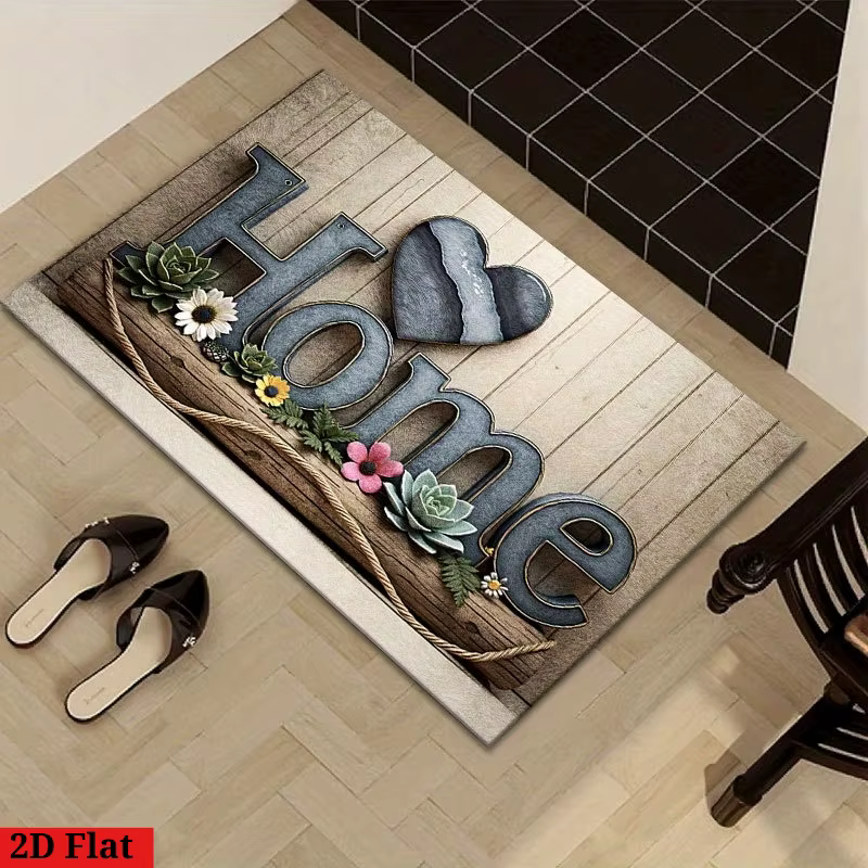 Paillasson rustique « Home » – Style bois avec cœur et fleurs pour entrée intérieure/extérieure et décoration de jardin