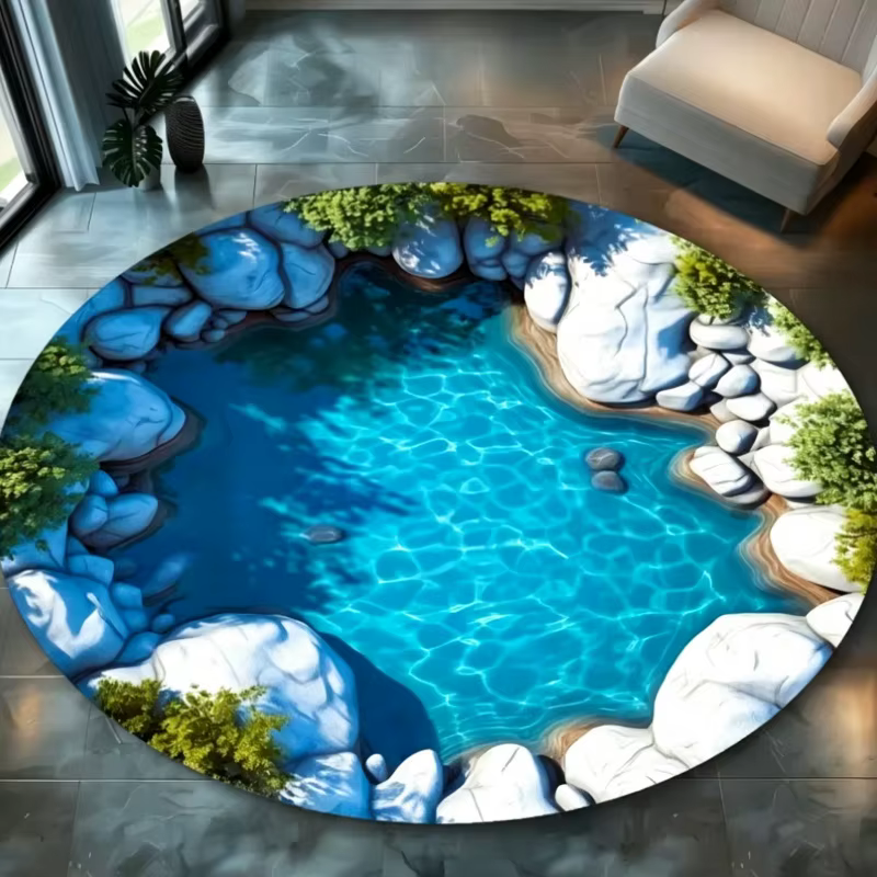 Tapis rond imprimé source thermale eau claire