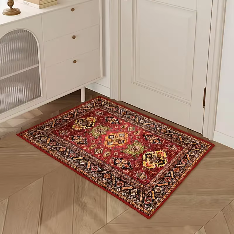 VIKAMA Tapis de sol rouge de style ethnique vintage – Tapis de porte d'entrée durable et antidérapant pour tapis de sol de cuisine et décoration de la maison