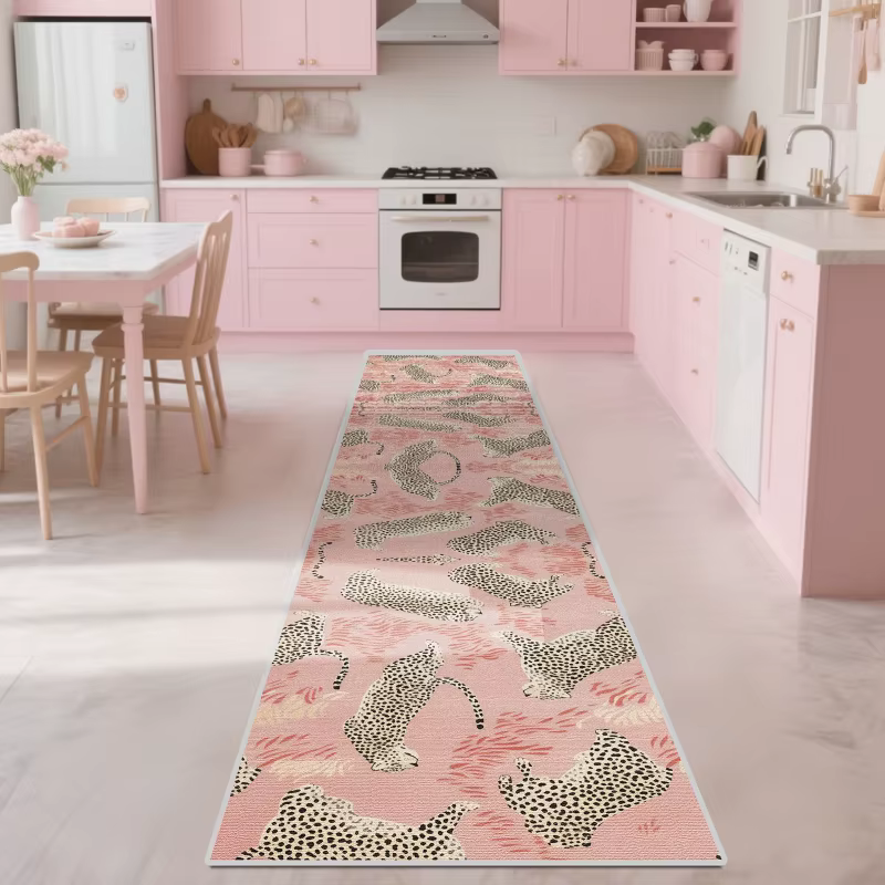 VIKAMA Tapis de couloir rose à imprimé léopard