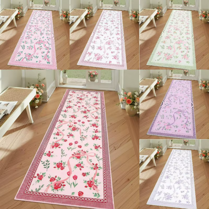 Tapis floral rose à nœuds multicolores