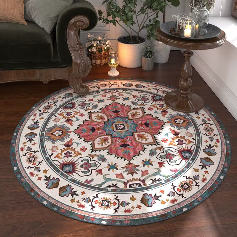 Tapis rond floral marocain, lavable pour salon et salle à manger, tapis de table basse, tapis de jeu pour enfants, tapis d'entrée