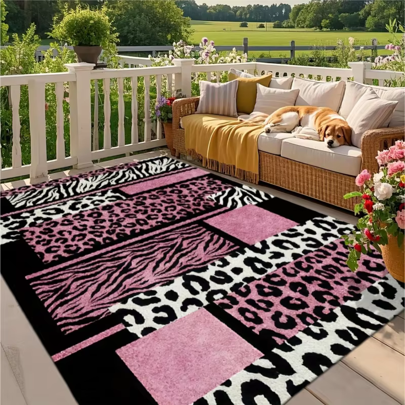 Tapis à imprimé léopard avec bordure rose