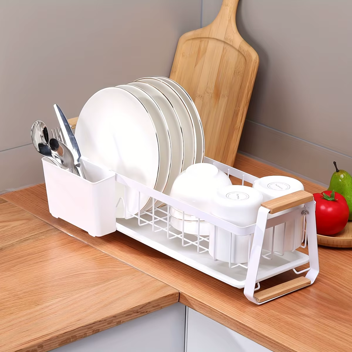 Égouttoir à vaisselle étroit pour comptoir de cuisine avec bac de récupération des eaux et porte-couverts amovible