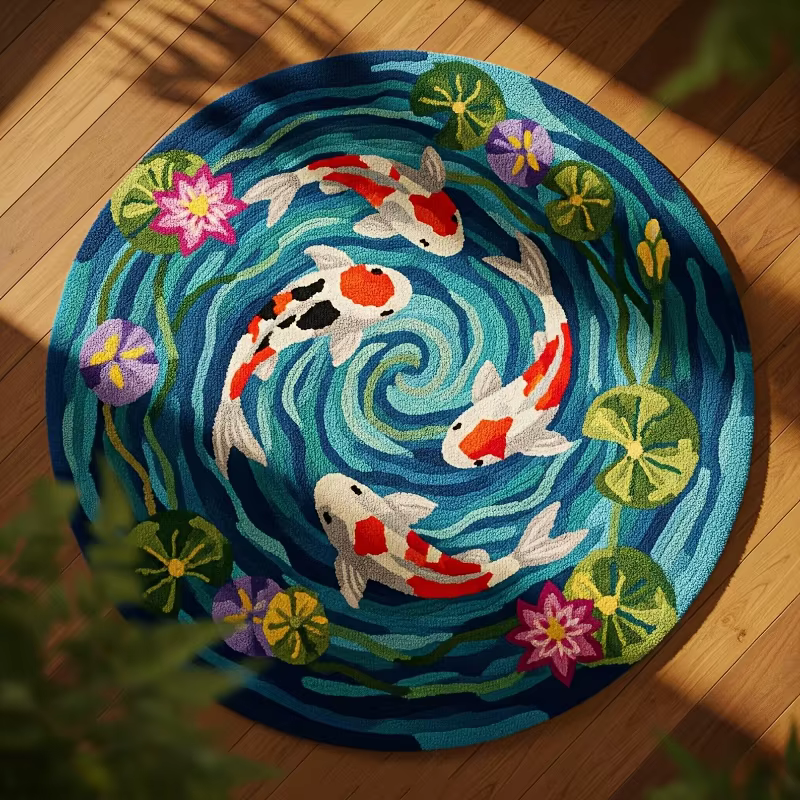 VIKAMA Tapis rond coloré à motif Koi