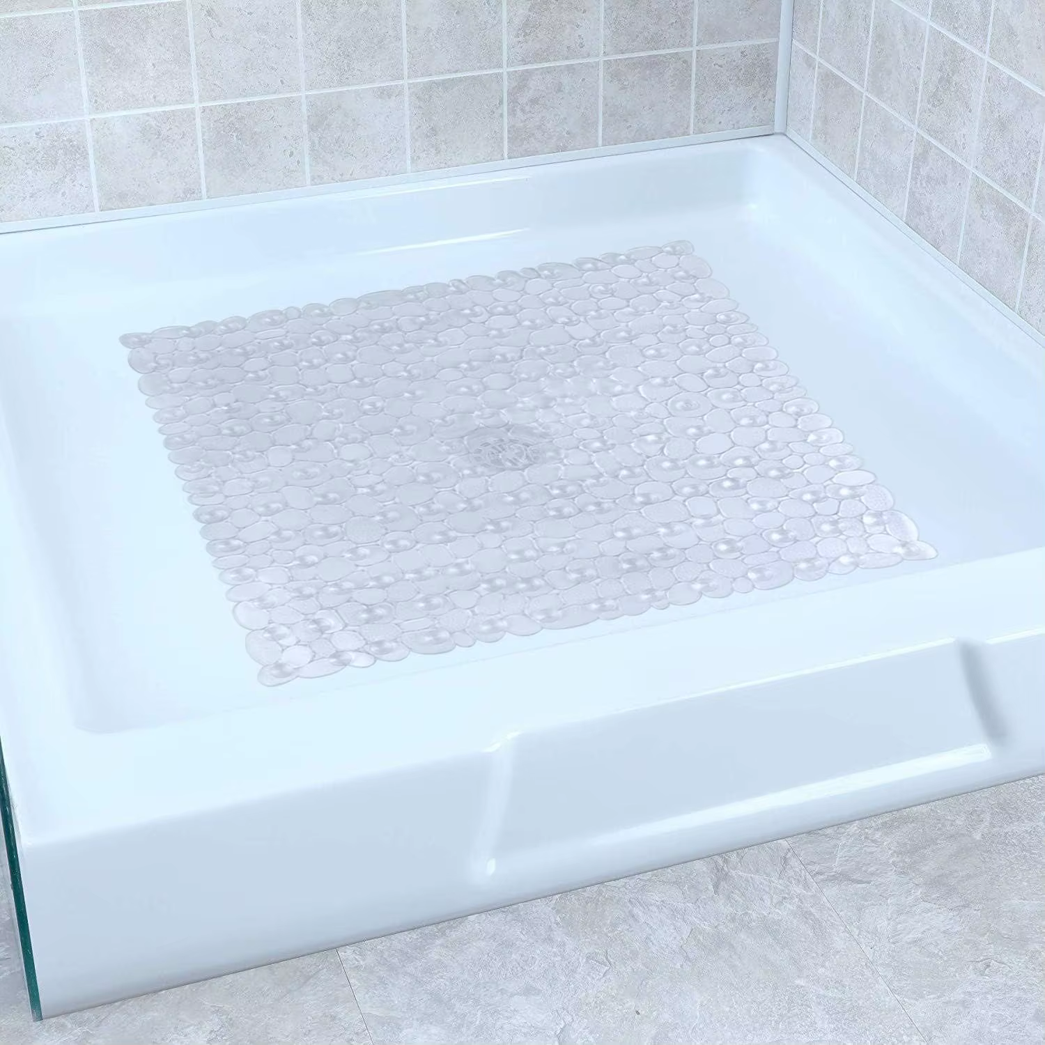 Tapis de douche carré avec ventouses et trous de vidange