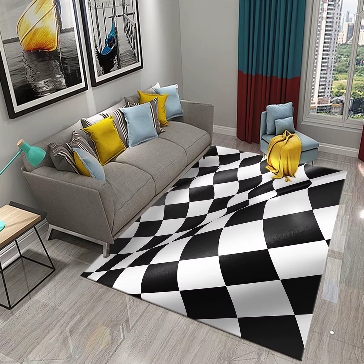 Tapis à carreaux en damier noir et blanc