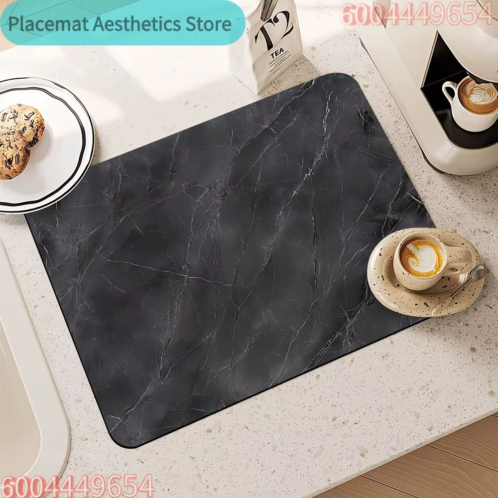 Housse anti-poussière pour machine à laver et tapis de séchage pour vaisselle - Motif marbre noir et blanc