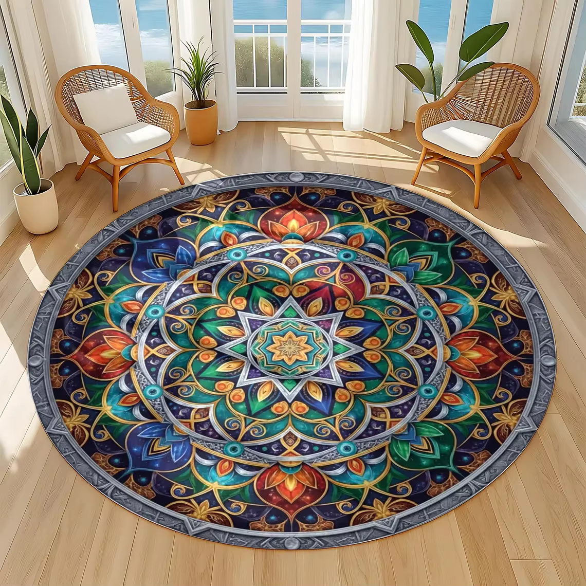 Tapis rond fleur de Lotus colibris et Mandala cosmique
